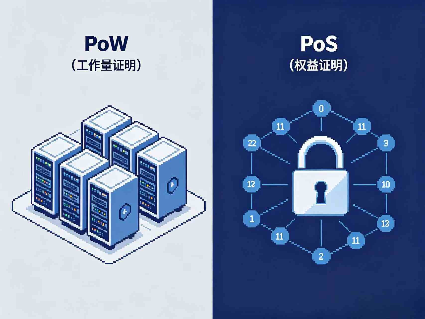 PoW 与 PoS 共识对比插画 PoW 与 PoS 共识对比插画