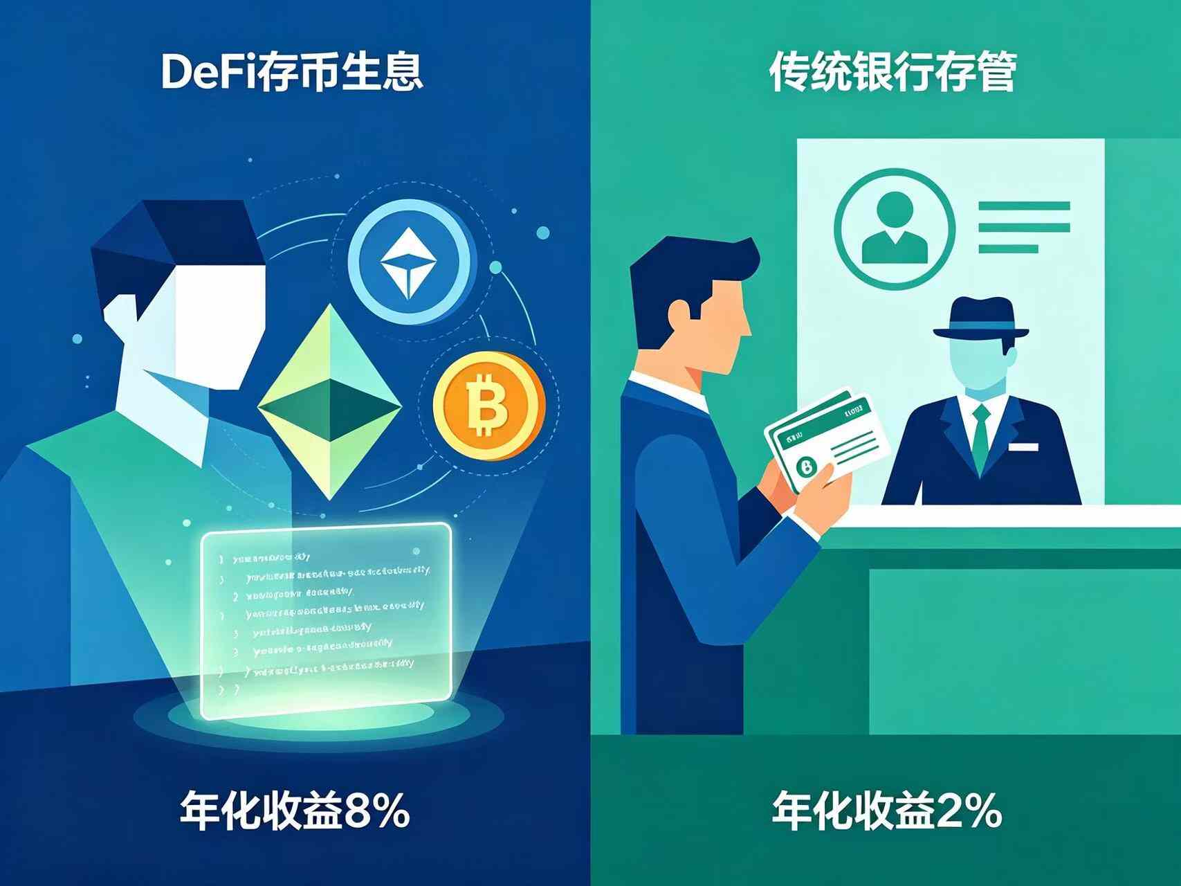 展示 DeFi 存币生息和传统银行存管的场景对比 展示 DeFi 存币生息和传统银行存管的场景对比