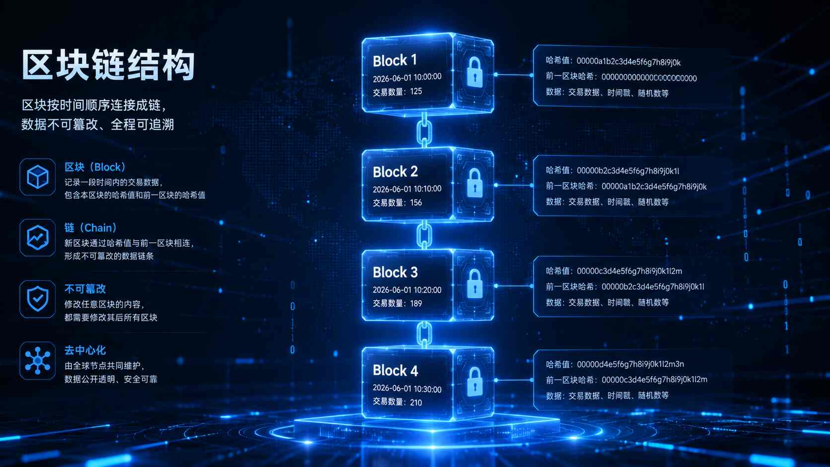 区块链结构示意图,展示多个区块依次连接形成链式数据结构的运行原理。 区块链结构示意图,展示多个区块依次连接形成链式数据结构的运行原理。
