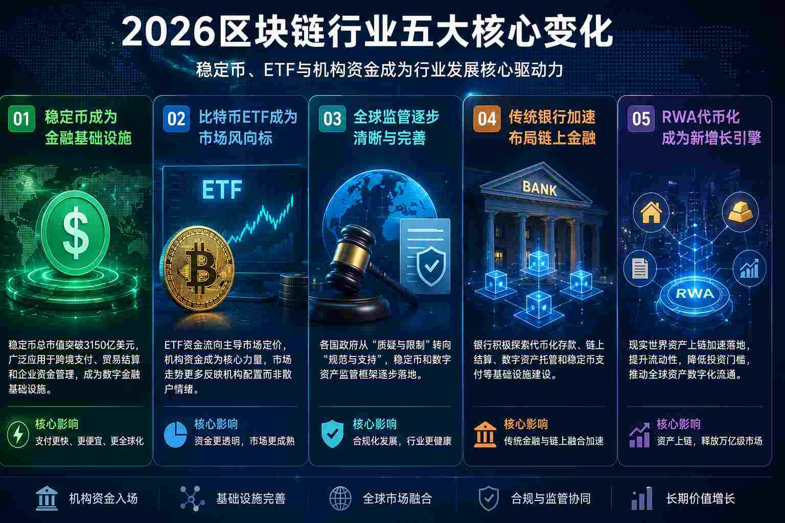 2026区块链行业五大核心变化,包括稳定币扩张、比特币ETF发展、全球监管完善、传统银行布局链上金融以及RWA资产代币化趋势 2026区块链行业五大核心变化,包括稳定币扩张、比特币ETF发展、全球监管完善、传统银行布局链上金融以及RWA资产代币化趋势