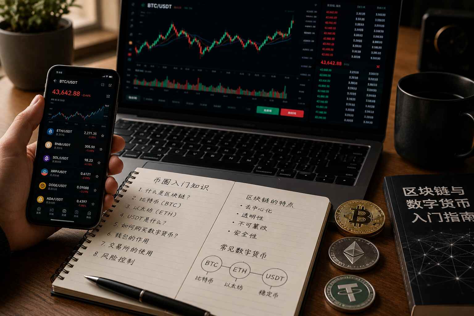 币圈新手通过手机查看数字货币行情并学习比特币、以太坊和USDT基础知识,展示加密货币入门学习场景 币圈新手通过手机查看数字货币行情并学习比特币、以太坊和USDT基础知识,展示加密货币入门学习场景