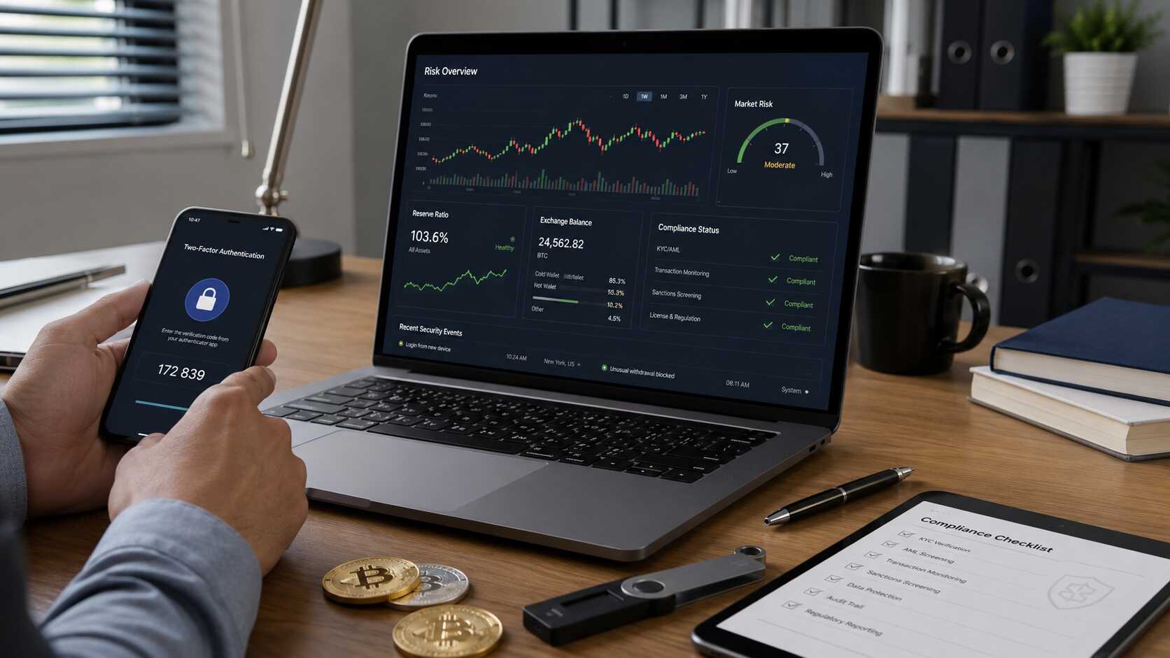数字货币交易所安全合规指南配图,展示OKX牌照合规、USDT风险监控、交易所储备证明、账户双重验证、链上数据分析和资产安全保护 数字货币交易所安全合规指南配图,展示OKX牌照合规、USDT风险监控、交易所储备证明、账户双重验证、链上数据分析和资产安全保护