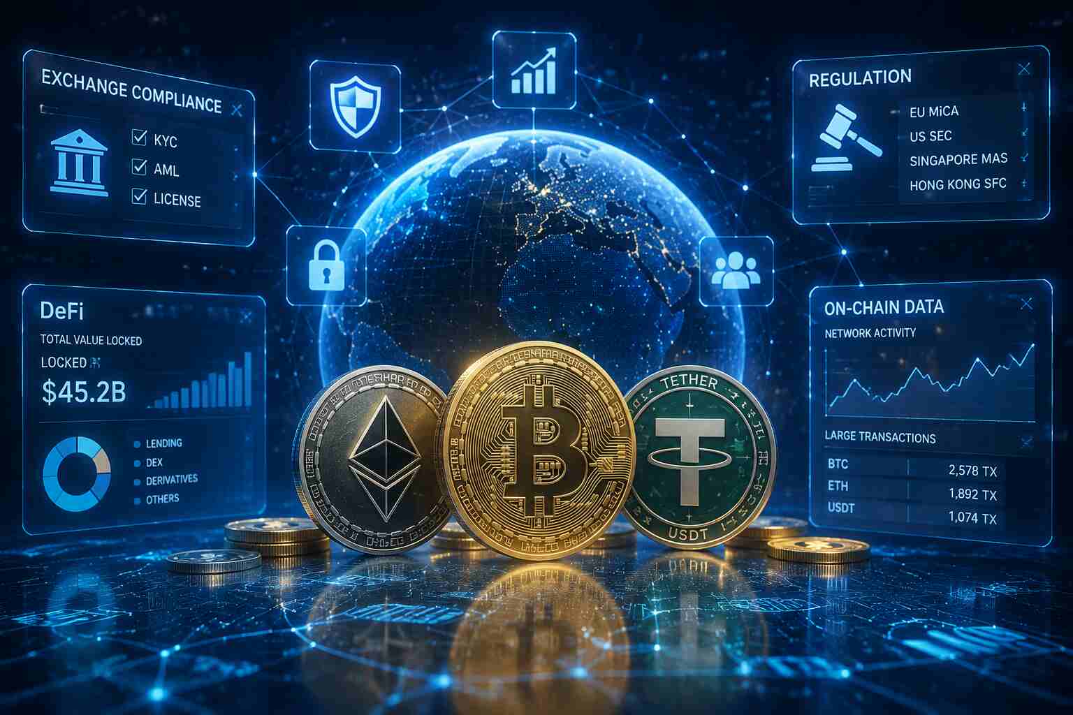 全球数字资产与区块链金融科技融合场景,展示交易所合规、链上数据分析与DeFi生态的可视化科技图景 全球数字资产与区块链金融科技融合场景,展示交易所合规、链上数据分析与DeFi生态的可视化科技图景