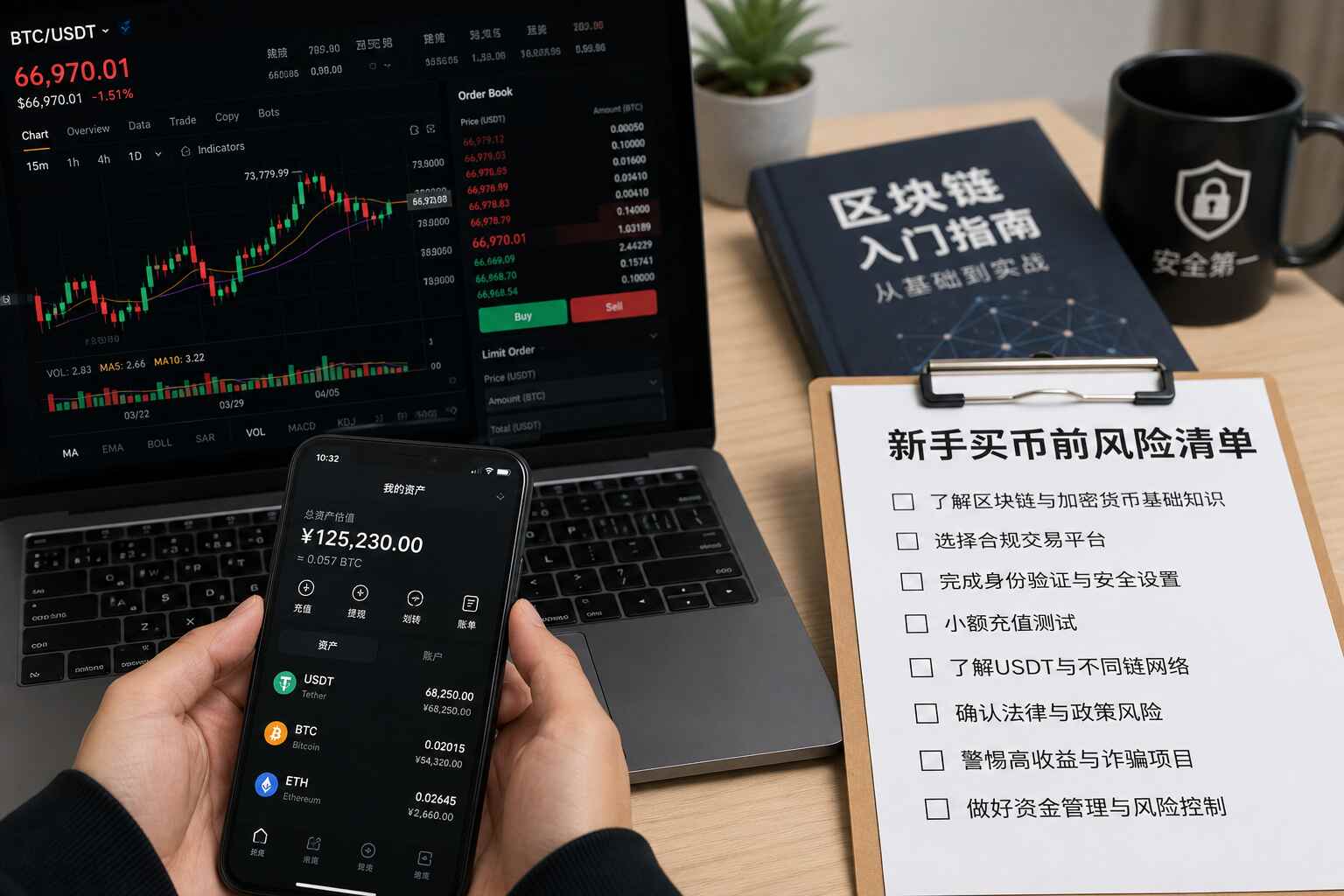 新手买币前风险清单封面图,展示加密货币交易界面、USDT与BTC资产、区块链入门学习和安全检查事项 新手买币前风险清单封面图,展示加密货币交易界面、USDT与BTC资产、区块链入门学习和安全检查事项