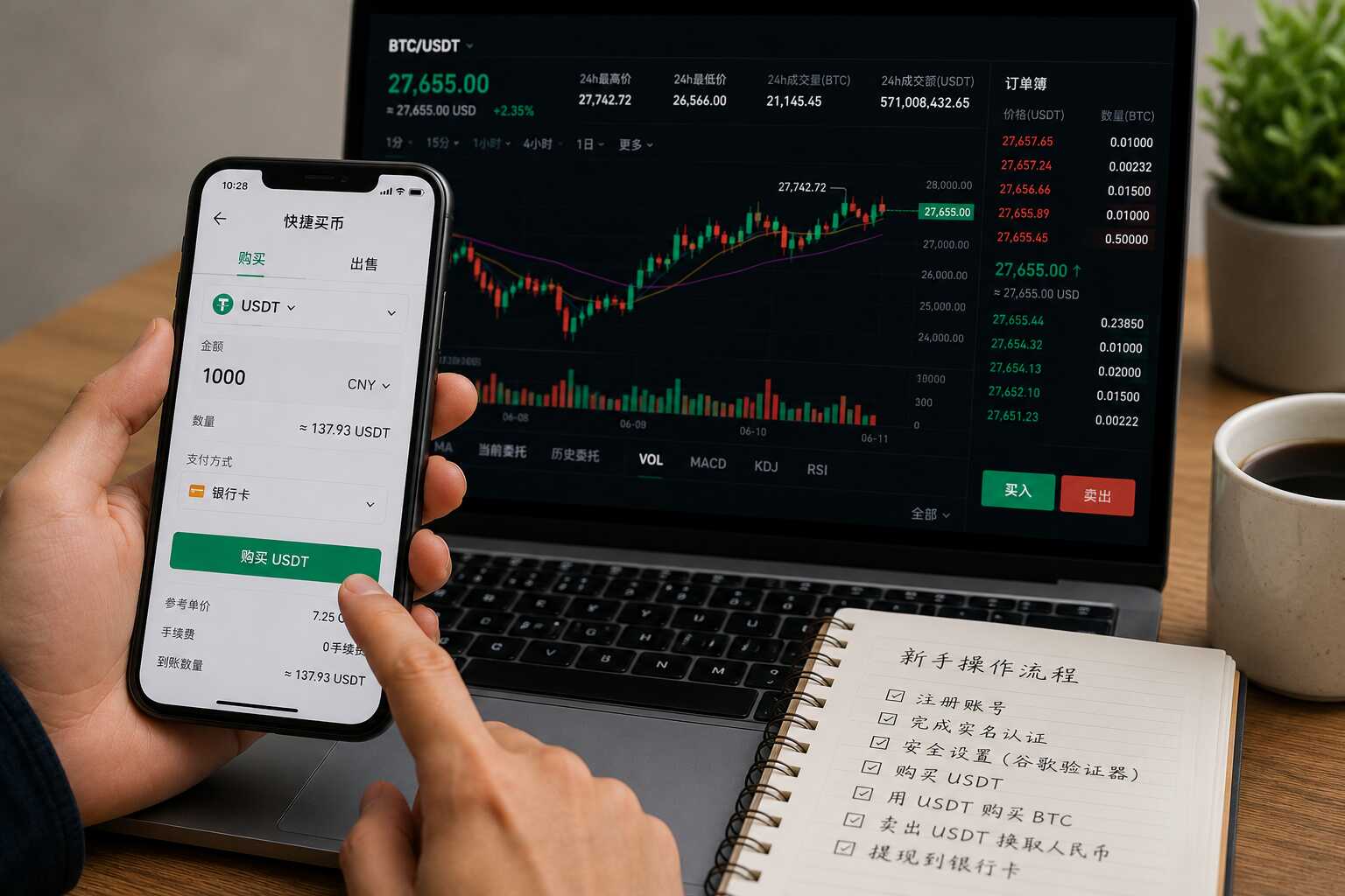 数字货币新手实操配图，展示USDT购买页面、BTC交易界面和新手买币流程清单