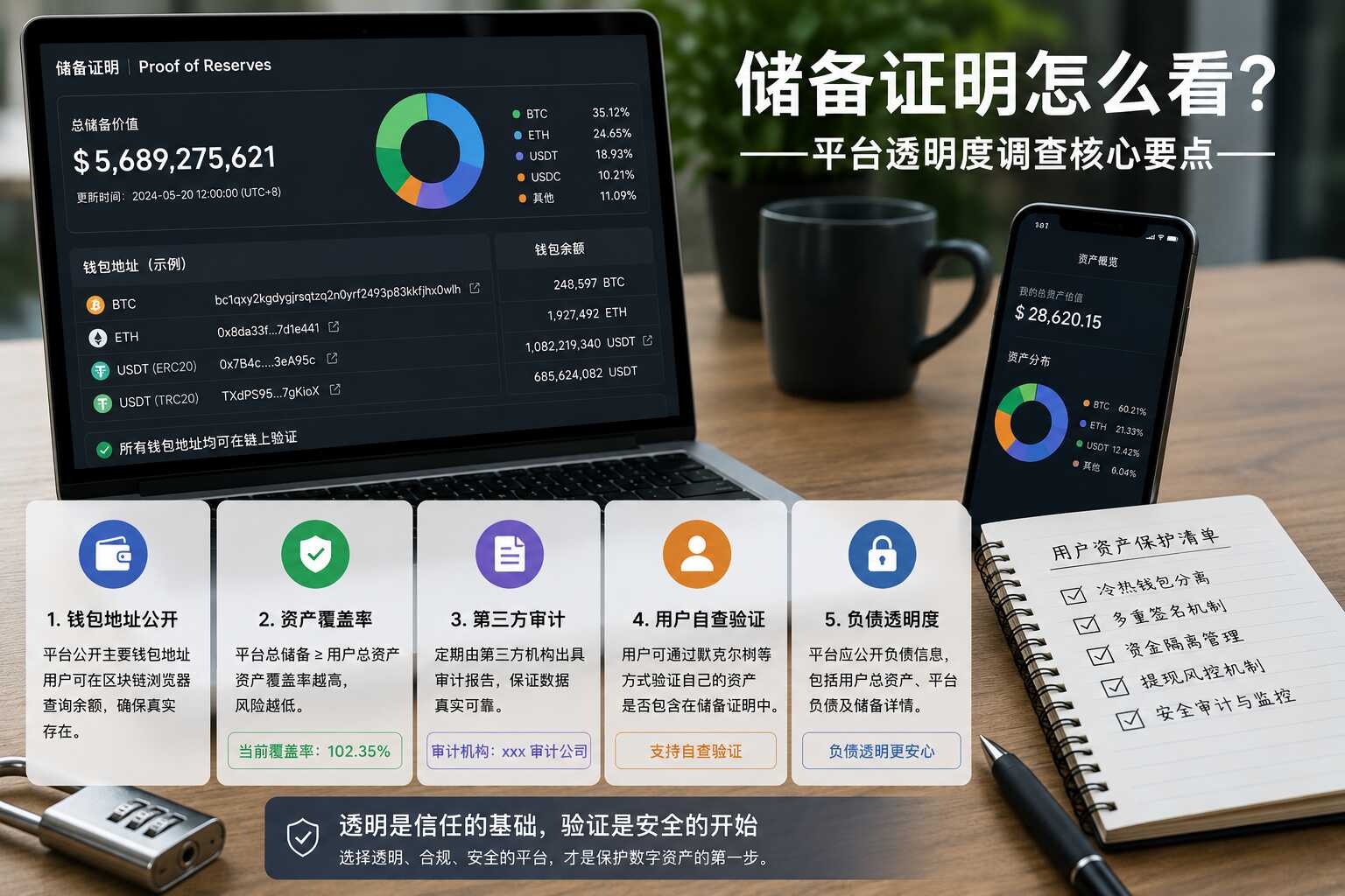 数字资产平台透明度配图，展示储备证明验证、资产覆盖率、合规审计文件和用户资产保护清单
