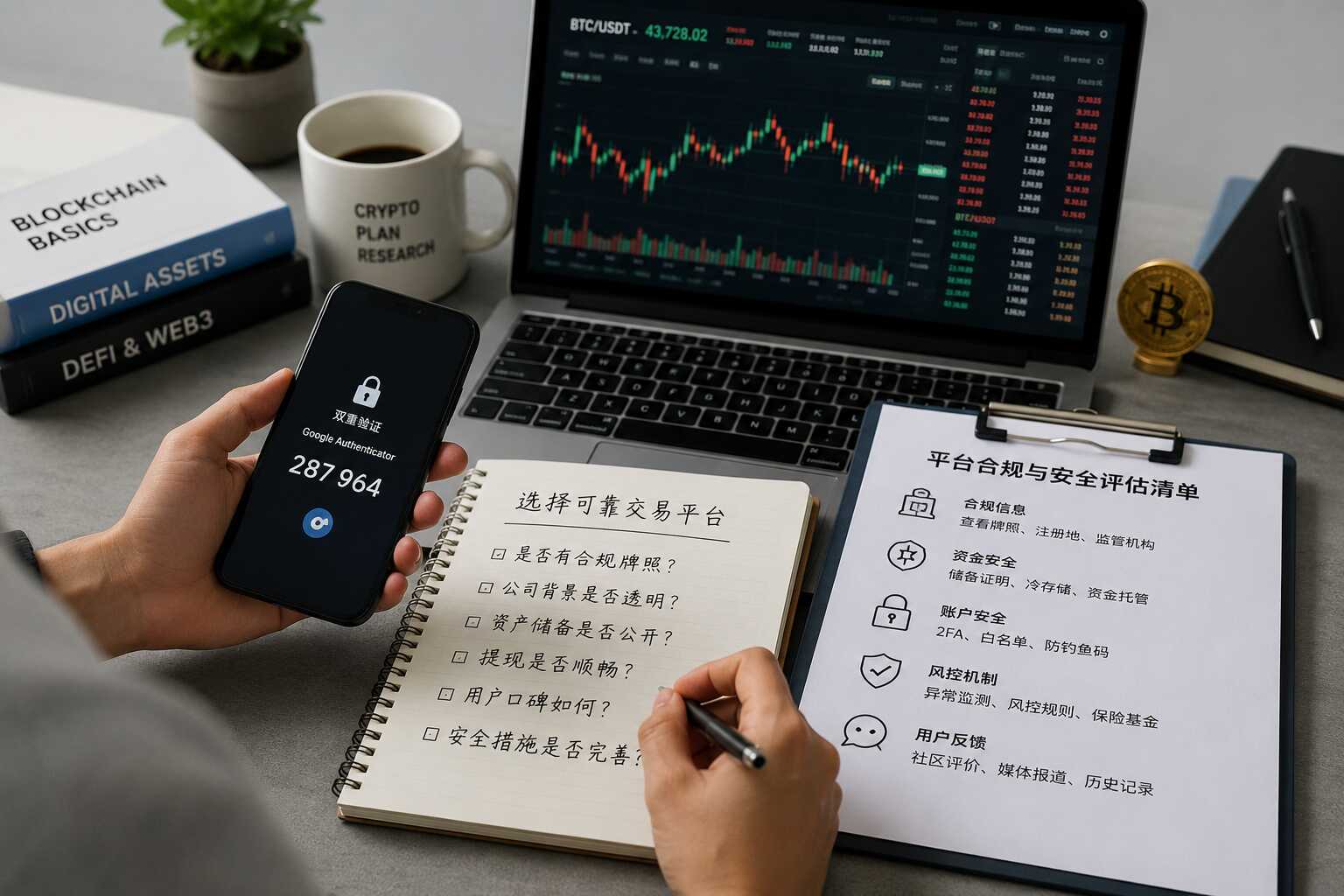 加密货币平台安全评估配图,展示合规信息核查、账户双重验证、资产行情面板和新手平台筛选清单 加密货币平台安全评估配图,展示合规信息核查、账户双重验证、资产行情面板和新手平台筛选清单
