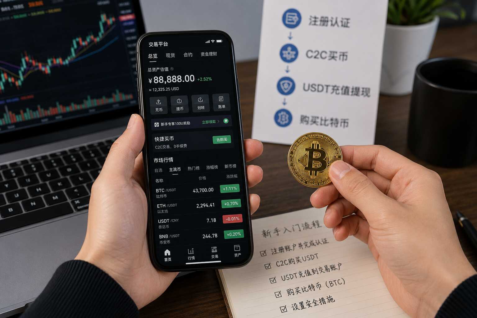数字资产平台新手操作配图,展示C2C买币、USDT充值提现、比特币购买流程、手机交易界面和新手入门步骤清单 数字资产平台新手操作配图,展示C2C买币、USDT充值提现、比特币购买流程、手机交易界面和新手入门步骤清单
