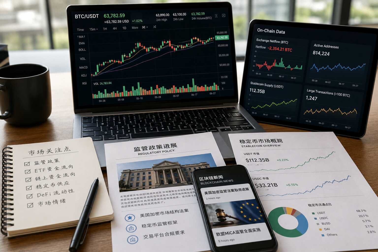 比特币行情分析配图,展示BTC/USDT走势、链上资金流向、稳定币供应数据、监管政策进展和区块链新闻监测场景 比特币行情分析配图,展示BTC/USDT走势、链上资金流向、稳定币供应数据、监管政策进展和区块链新闻监测场景