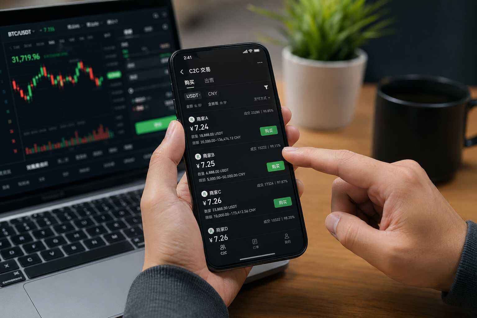 用户通过C2C交易页面筛选商家并购买USDT 用户通过C2C交易页面筛选商家并购买USDT