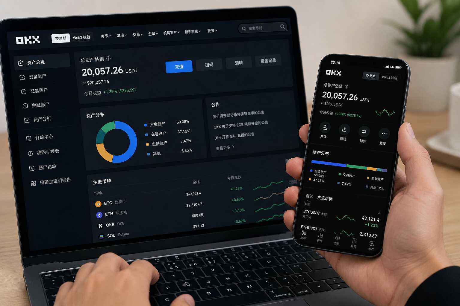 用户查看OKX注册页面与比特币K线行情