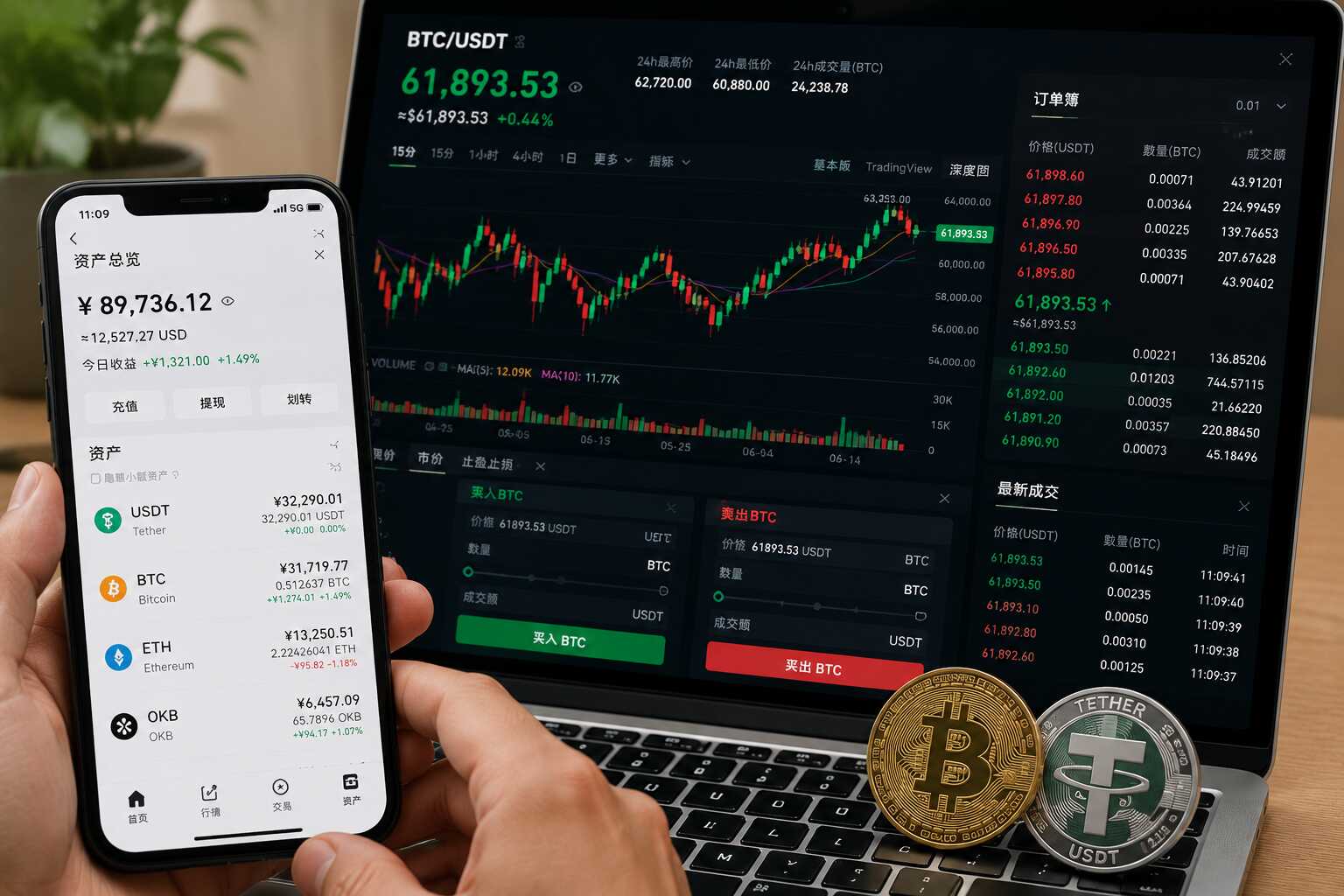 数字资产入门操作、BTC行情分析、USDT资产管理与交易流程展示