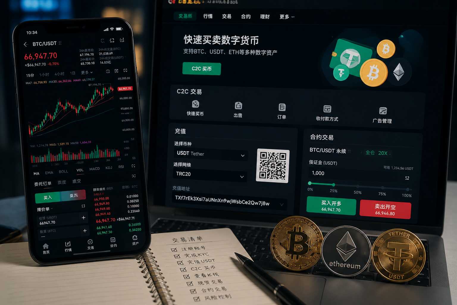 加密交易平台操作界面、BTC交易、USDT充值提现与C2C买币流程展示