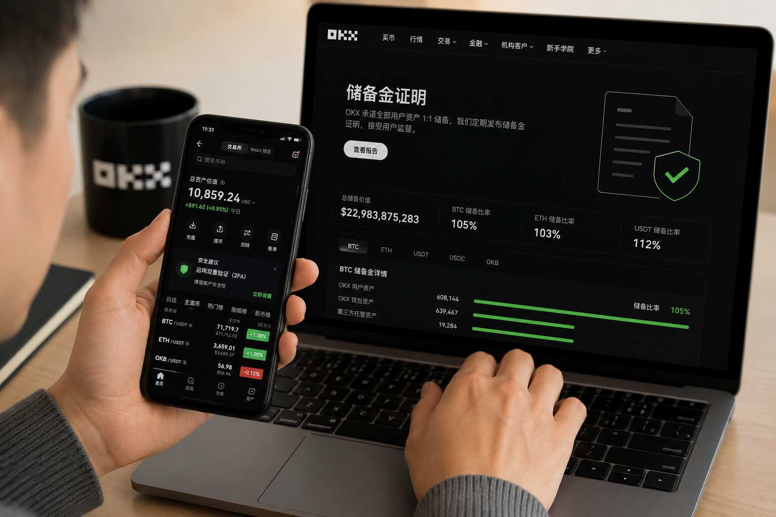 用户查看OKX账户安全设置与BTC、ETH、USDT资产储备证明