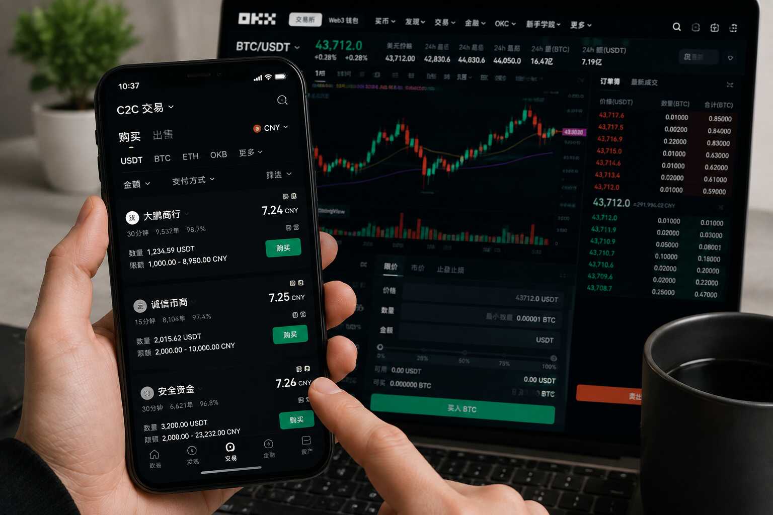 用户通过OKX C2C购买USDT并查看BTC现货交易行情
